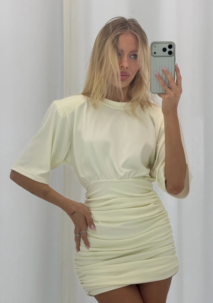 Leya - Draped creamy mini dress with shoulder pads