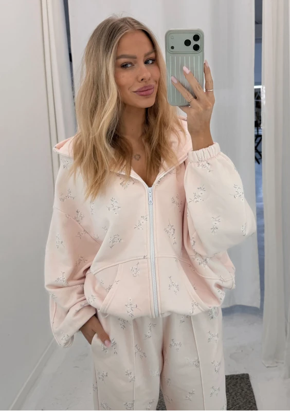 Melo - Zipped floral printed powder pink hoodie