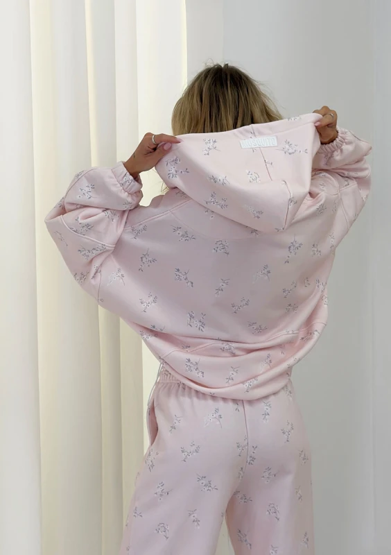 Melo - Zipped floral printed powder pink hoodie