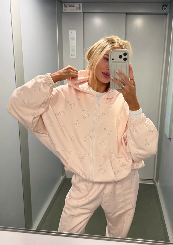 Melo - Zipped floral printed powder pink hoodie