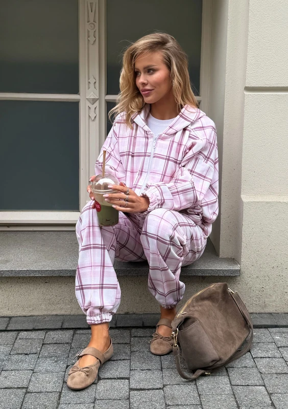 Melo - Rozpinana różowa bluza damska w kratę z kapturem - Mosquito