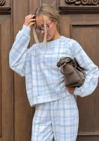 Leni - Bluza oversize crewneck w kratę Light Blue