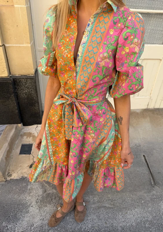 Birdie - Pink boho printed midi shirt dress