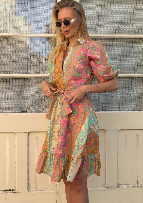 Birdie - Pink boho printed midi shirt dress