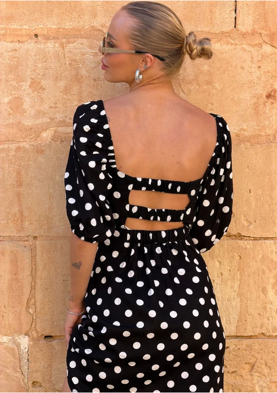 Rosita - Elegancka czarna sukienka lniana w grochy - Mosquito
