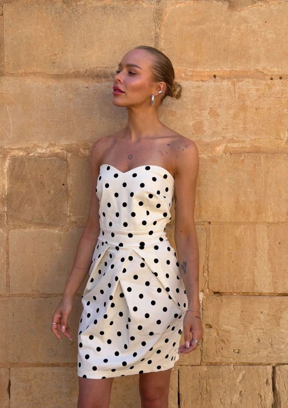 Sonia - Ecru off shoulders dotted mini dress