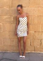Sonia - Ecru off shoulders dotted mini dress