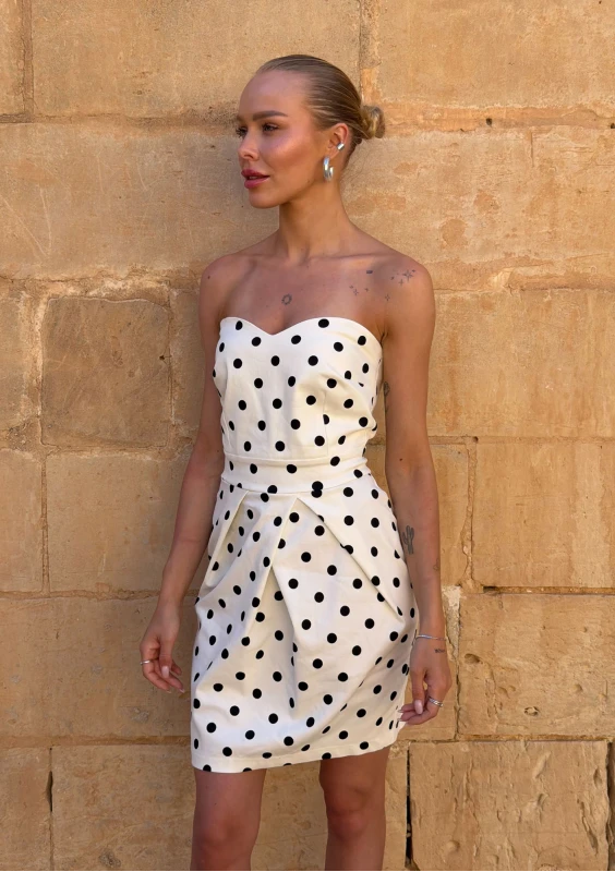 Sonia - Ecru off shoulders dotted mini dress