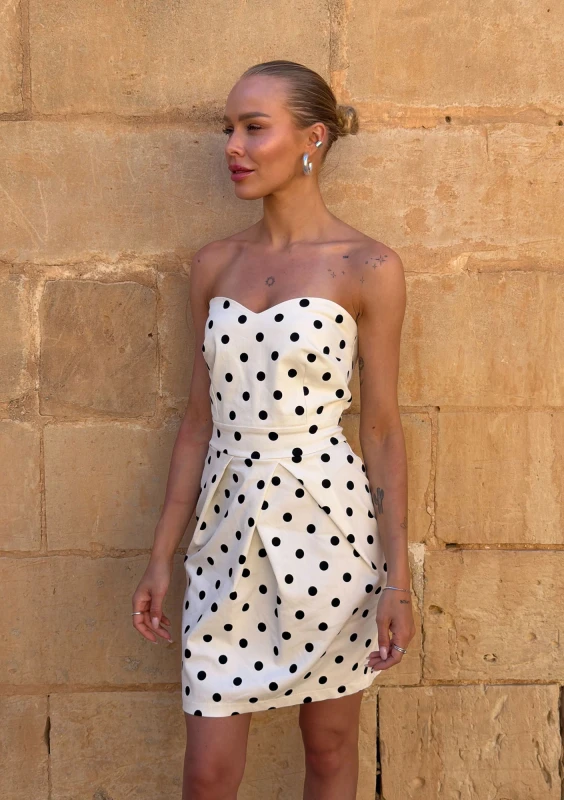 Sonia - Ecru off shoulders dotted mini dress