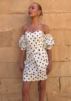 Sonia - Ecru off shoulders dotted mini dress