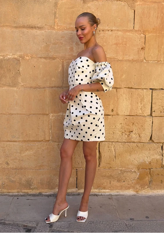 Sonia - Ecru off shoulders dotted mini dress