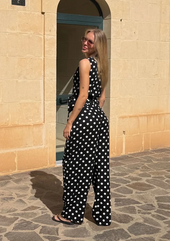 Solea - Black and white dotted linen wrap vest