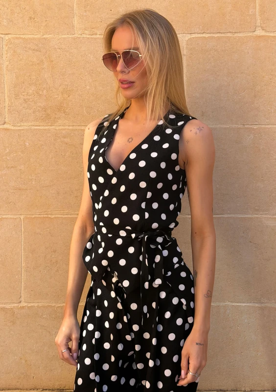 Solea - Black and white dotted linen wrap vest