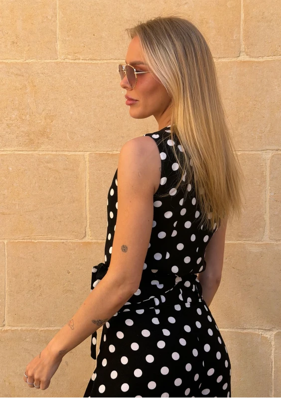 Solea - Black and white dotted linen wrap vest