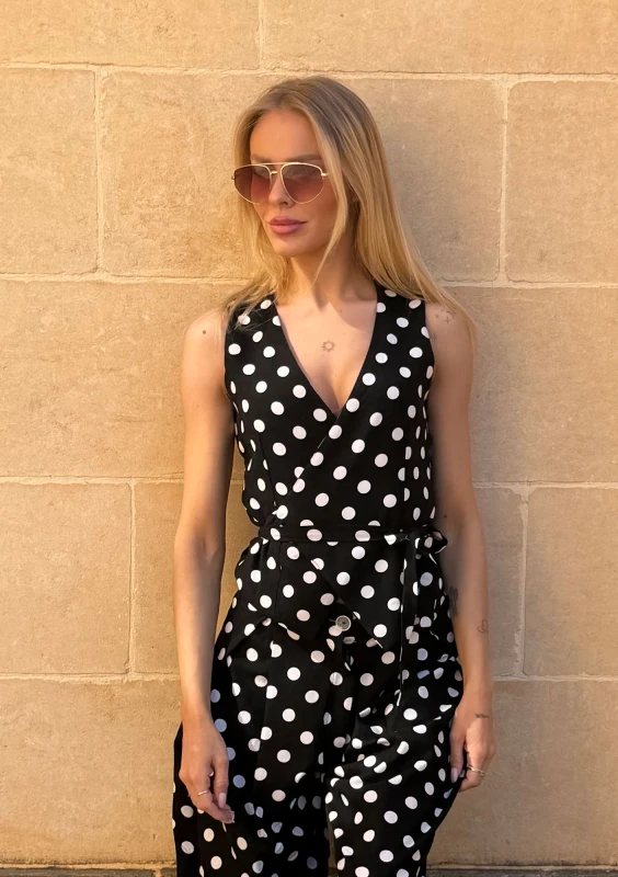 Solea - Black and white dotted linen wrap vest