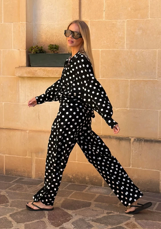 Solea - Black and white dotted linen trousers