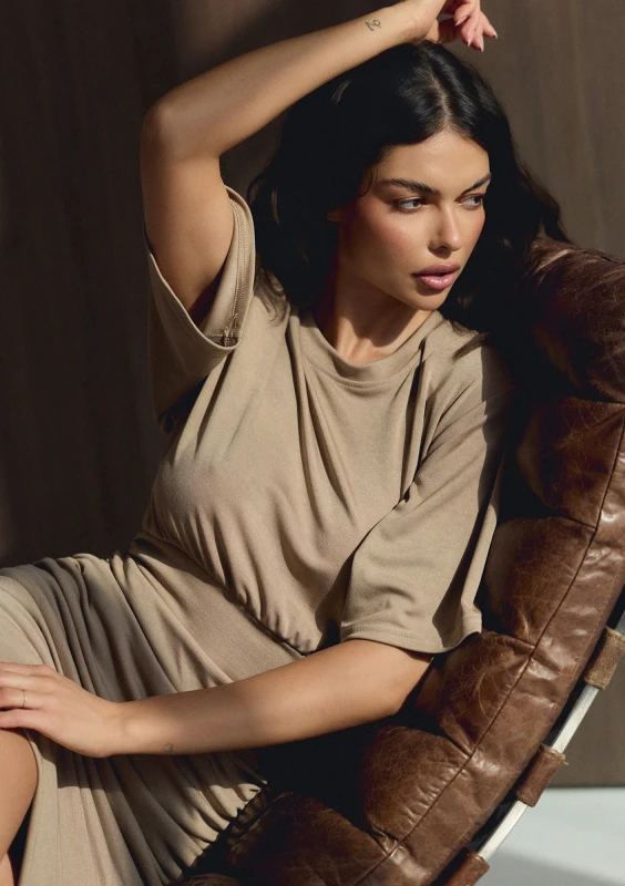 Leya - Draped beige mini dress with shoulder pads