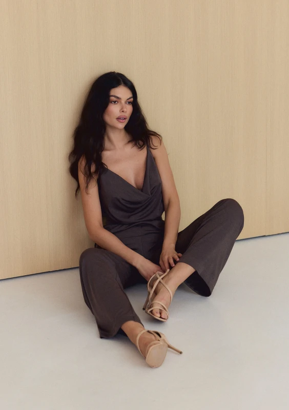Kade - Draped brown jumpsuit with straps