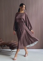 Elvire - Brown dotted satin midi dress