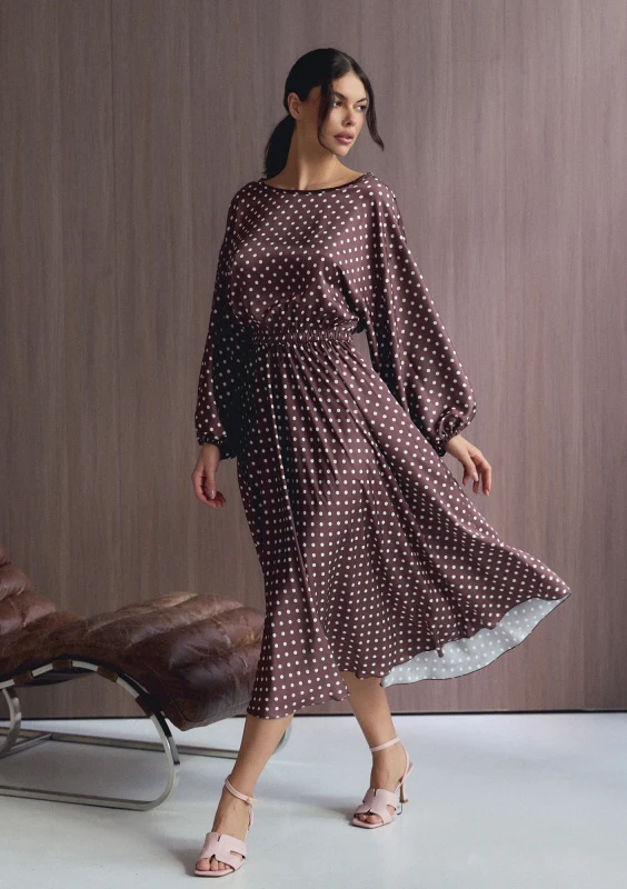 Elvire - Brown dotted satin midi dress