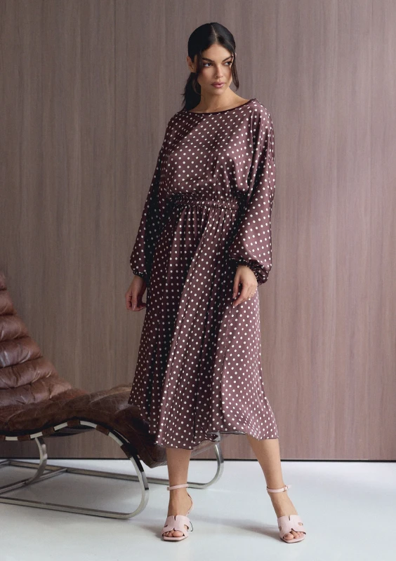 Elvire - Brown dotted satin midi dress