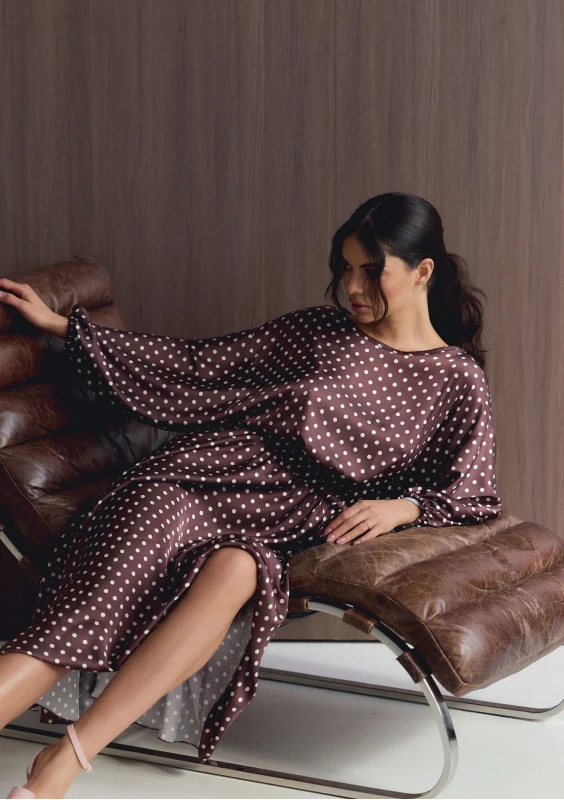 Elvire - Brown dotted satin midi dress