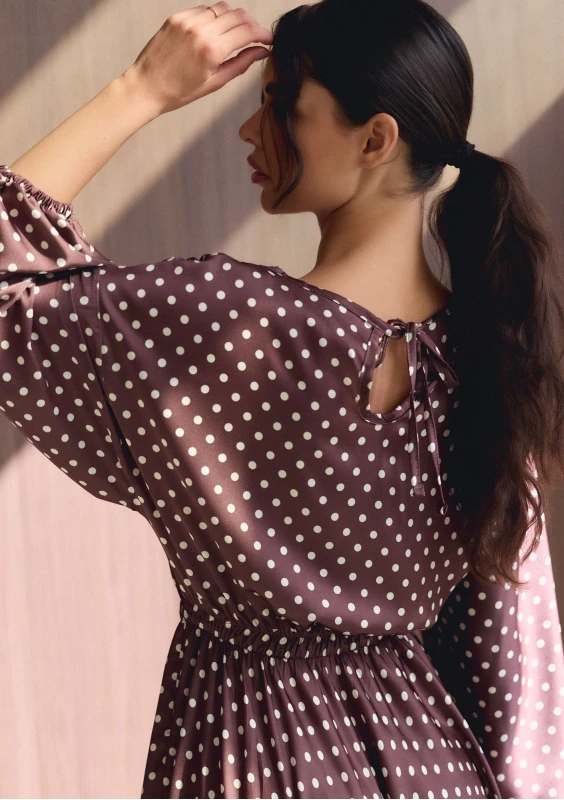 Elvire - Brown dotted satin midi dress