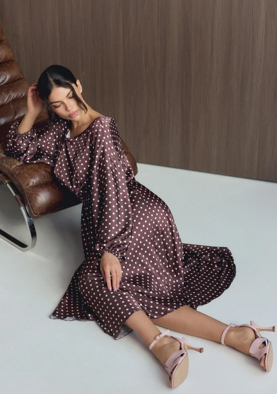 Elvire - Brown dotted satin midi dress