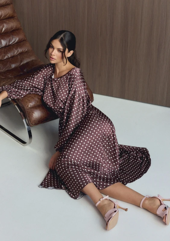 Elvire - Brown dotted satin midi dress
