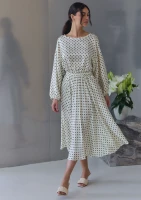 Elvire - Pale yellow dotted satin midi dress