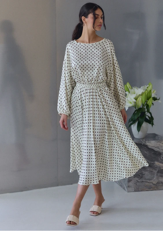 Elvire - Pale yellow dotted satin midi dress