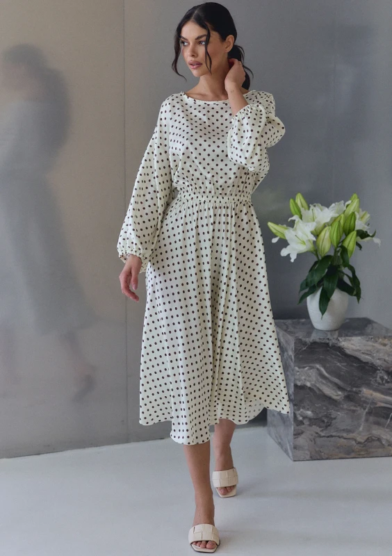 Elvire - Pale yellow dotted satin midi dress