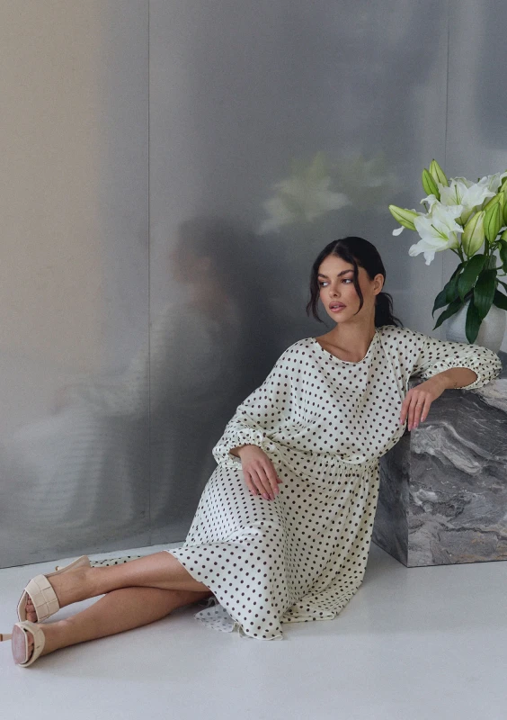 Elvire - Pale yellow dotted satin midi dress