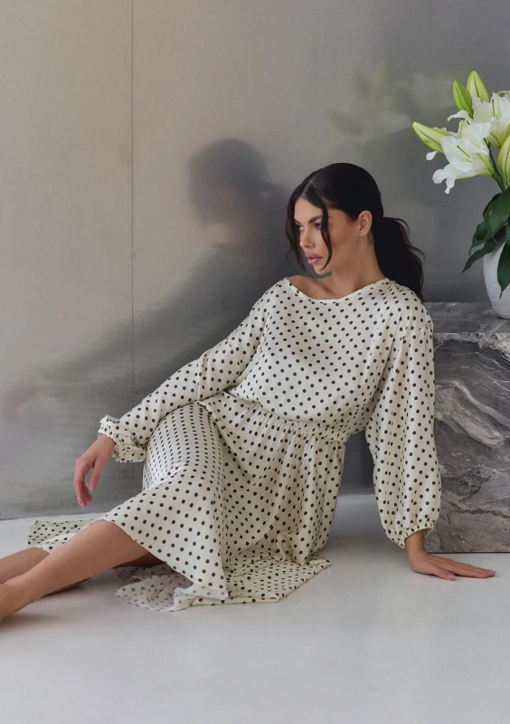 Elvire - Pale yellow dotted satin midi dress