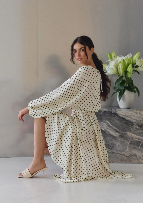 Elvire - Pale yellow dotted satin midi dress