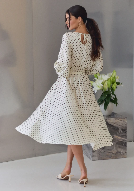 Elvire - Pale yellow dotted satin midi dress