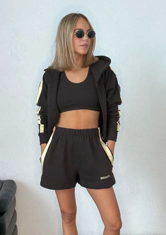 Side - Dark chocolate brown shorts with stripes