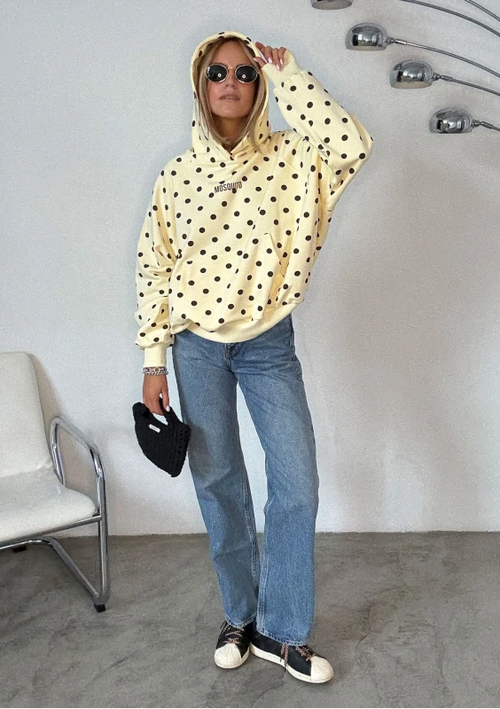 Levi - Bluza kangurka w brązowe  grochy Bananowa