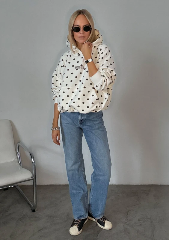 Levi - Bluza kangurka w brązowe grochy Kremowa