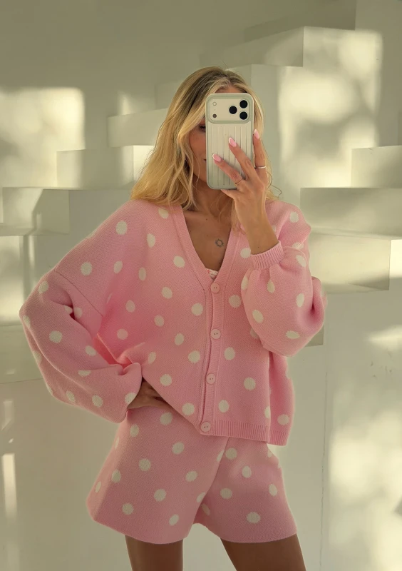 Miu - Pastel pink dotted knitted cardigan