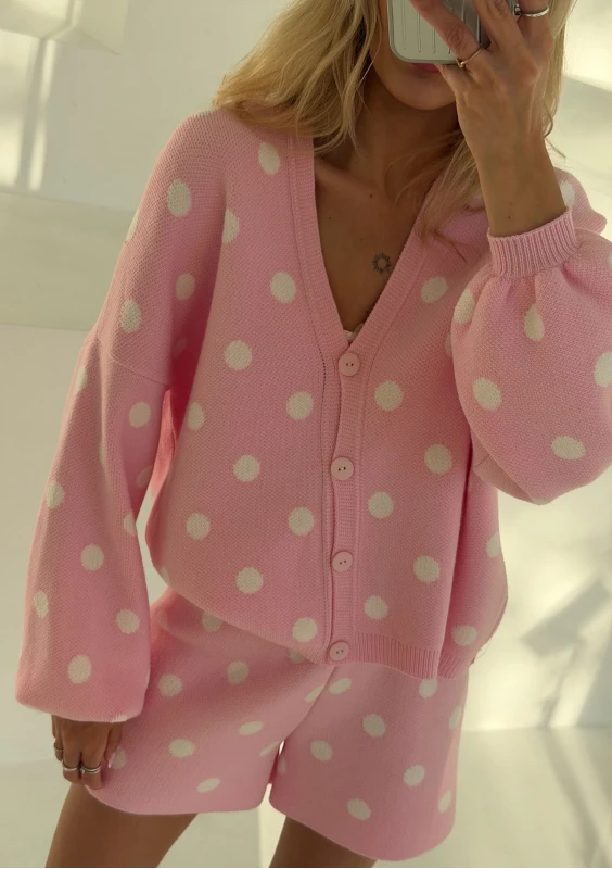 Miu - Pastel pink dotted knitted cardigan