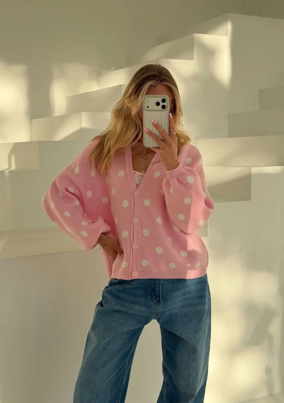 Miu - Pastel pink dotted knitted cardigan