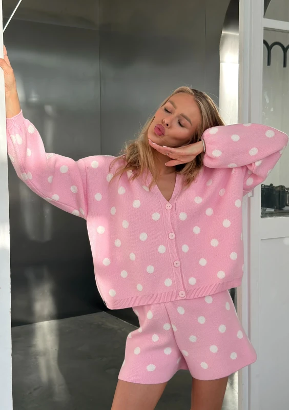 Miu - Pastel pink dotted knitted cardigan