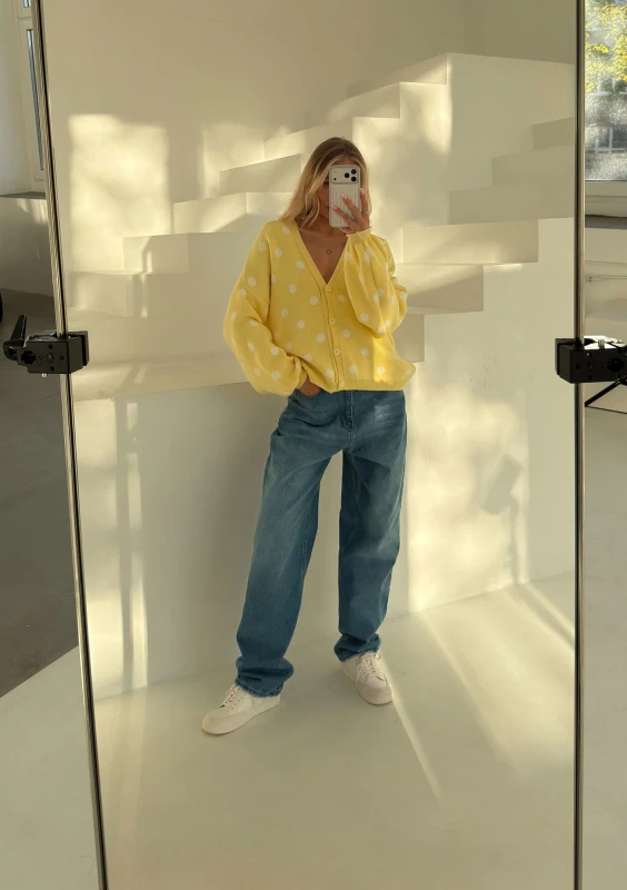 Miu - Dzianinowy kardigan w grochy Żółty