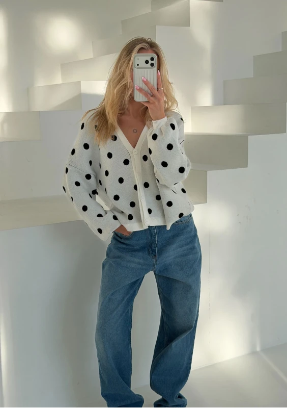 Miu - Ecru dotted knitted cardigan