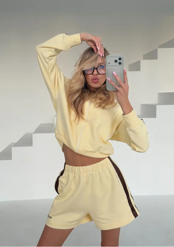 Side - Pale banana yellow hoodie with stripes