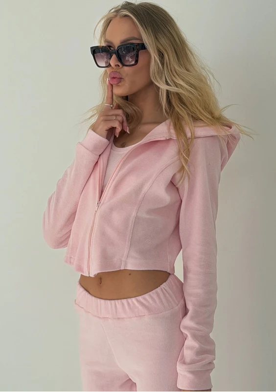 Vela Zip - Pastel pink zipped frotte hoodie