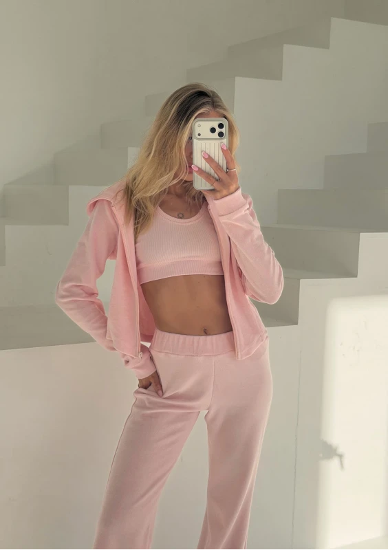 Vela Zip - Pastel pink zipped frotte hoodie