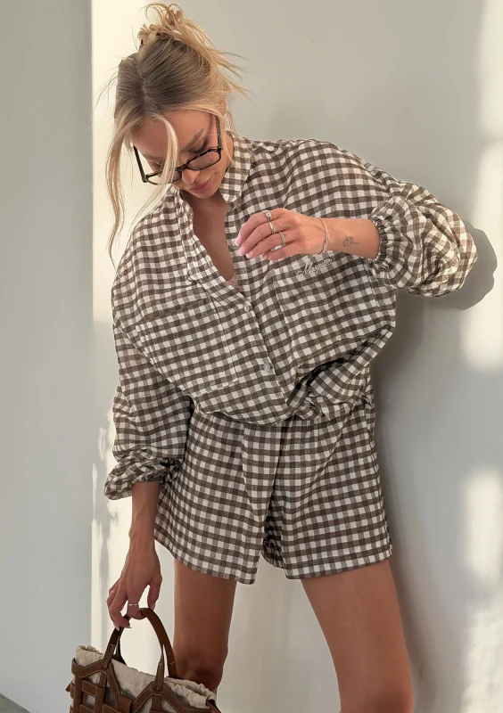 Palma - Oversize brown vichy checkered muslin shirt