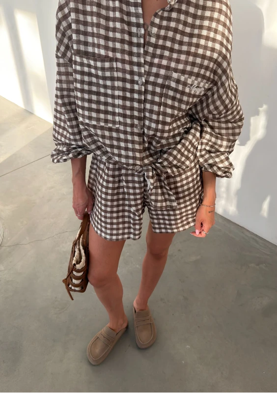Palma - Oversize brown vichy checkered muslin shirt